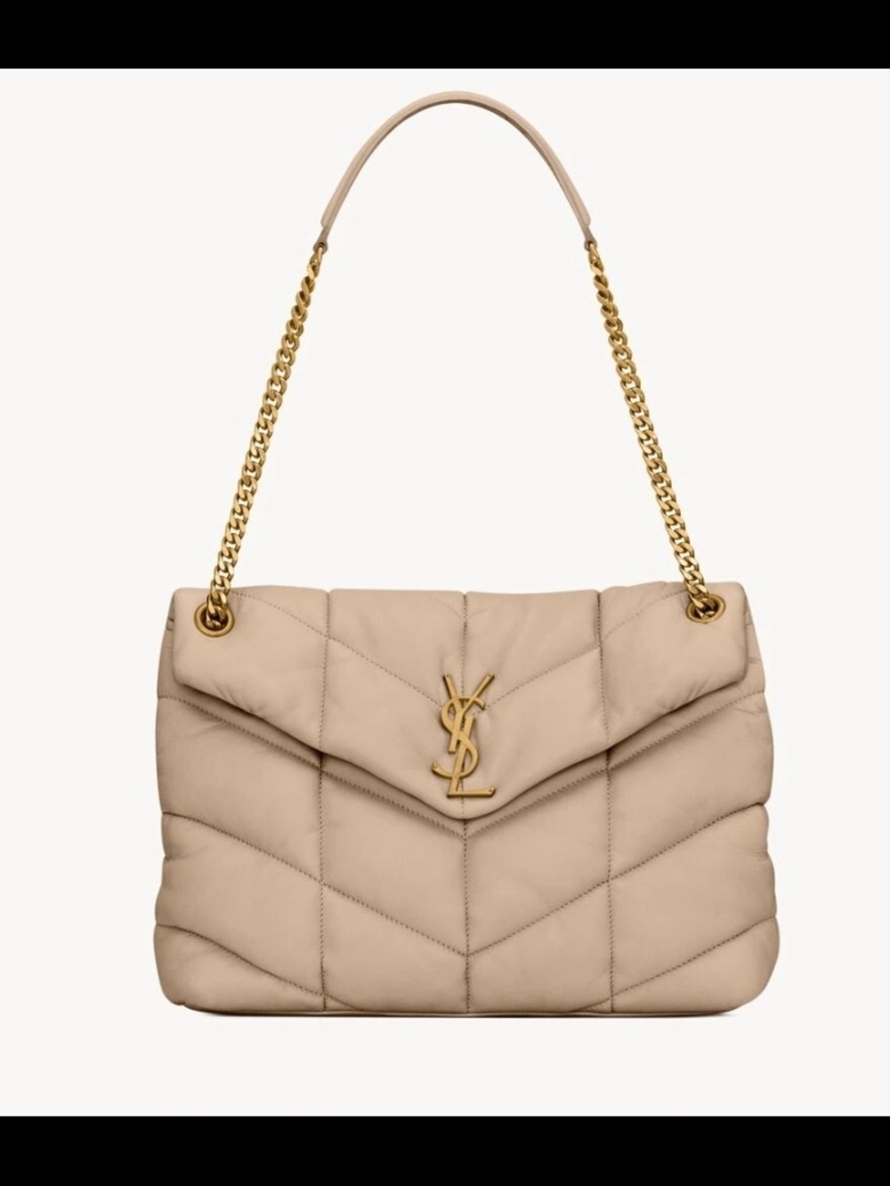 Saint Laurent Puffer Chevron Shoulder Bag in Beige with Gold Hardware